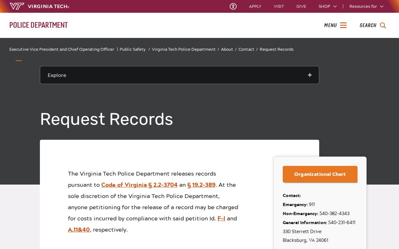 Blacksburg criminal records request information from Virginia Tech Police