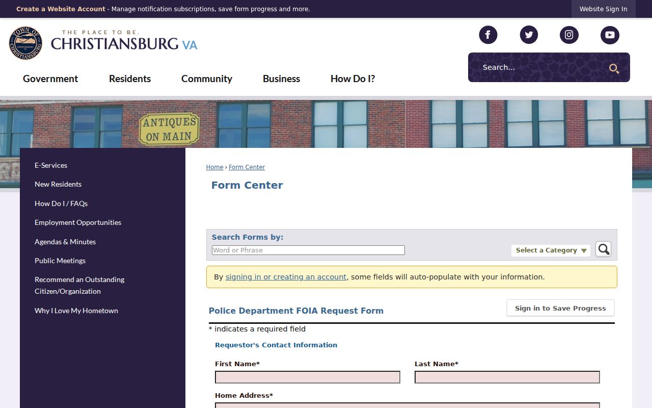 Christiansburg Police form for Montgomery County arrest and incident records