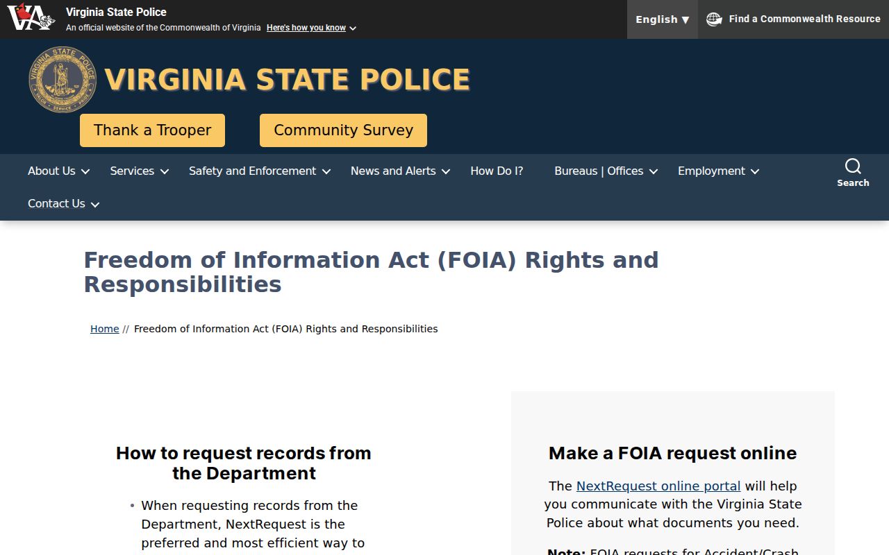 Virginia State Police FOIA route for Montgomery County arrest records